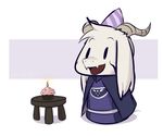  2017 anthro asriel_dreemurr azenzeph blush boss_monster caprine delta_rune embrace fangs food fur goat hat kemono long_ears male mammal smile undertale video_games white_fur young 