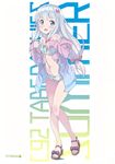  absurdres bangs bikini blue_eyes bow bow_bikini eromanga_sensei eyebrows_visible_through_hair frilled_bikini frills full_body hair_bow highres hood hoodie izumi_sagiri kanzaki_hiro long_hair looking_at_viewer navel open_clothes open_hoodie open_mouth pink_bow sandals scan silver_hair solo standing swimsuit tareme thighs wedge_heels 