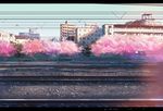 blue_sky building cherry_blossoms cityscape commentary_request highres house no_humans original outdoors power_lines railroad_tracks rock scenery sky skyline tree xi_chen_chen 