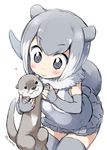  :&gt; animal_ears artist_name blush commentary elbow_gloves eyebrows_visible_through_hair fingerless_gloves fur_collar gloves grey_eyes grey_gloves grey_hair grey_legwear grey_swimsuit heart kemono_friends multicolored_hair one-piece_swimsuit otter otter_ears otter_tail risumai short_hair simple_background small-clawed_otter_(kemono_friends) smile solo swimsuit tail thighhighs twitter_username two-tone_hair white_background white_hair 