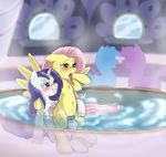  2017 blue_eyes blush cradeelcin cutie_mark equine eyeshadow female female/female fluttershy_(mlp) friendship_is_magic grin hair half-closed_eyes hi_res hooves horn long_hair makeup mammal my_little_pony open_mouth partially_submerged pegasus pink_hair pussy rarity_(mlp) smile unicorn water wings 