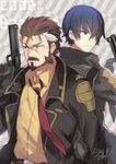  back-to-back beard blitz_talker blue_eyes blue_hair brown_hair copyright_name facial_hair glasses green_eyes gun highres holding holding_weapon male_focus multicolored_hair multiple_boys mustache necktie nikame re:creators ryuusuke_(code_babylon) serious streaked_hair weapon 