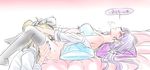  2girls ayase_eli bed blonde_hair blush bra breath couple cunnilingus hair_ornament hand_on_another&#039;s_head lensung_g love_live! love_live!_school_idol_project lying moaning multiple_girls pillow purple_hair scrunchie shaking shivering simple_background sketch steam sweat toujou_nozomi wet yuri 
