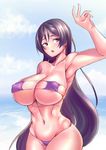 absurdres arm_up bangs bikini blue_sky blush breasts chestnut_mouth cleavage cloud collarbone cowboy_shot day eyepatch_bikini eyes_visible_through_hair fate/grand_order fate_(series) hair_between_eyes hand_up highres hips horizon large_breasts long_hair looking_to_the_side minamoto_no_raikou_(fate/grand_order) minamoto_no_raikou_(swimsuit_lancer)_(fate) navel ocean open_mouth parted_bangs puffy_nipples purple_bikini purple_eyes purple_hair shiny shiny_hair shiny_skin skindentation sky solo stomach swimsuit teeth thighs togin toned tongue very_long_hair water 