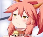  :&lt; animal_ear_fluff animal_ears belt_collar blurry blurry_background bow bright_pupils commentary depth_of_field english english_commentary eyebrows_visible_through_hair fake_screenshot fang fang_out fate/grand_order fate_(series) fox_ears hair_bow highres keita_naruzawa meme parody pink_hair ponytail portrait red_bow solo subtitled tamamo_(fate)_(all) tamamo_cat_(fate) yellow_eyes 