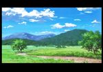  blue_sky cloud cloudy_sky commentary day forest grass highres hirota_(masasiv3) mountain nature no_humans outdoors road scenery sky tree windowboxed 