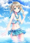  :&gt; artist_name bare_arms bikini_skirt blonde_hair blue_neckwear blue_sky braid cloud contrapposto dated day food glint green_eyes hair_ornament highres kazunehaka looking_at_viewer midriff navel neckerchief original outdoors popsicle sailor_bikini sailor_collar scallop short_hair side_braid sky smile solo sparkle standing star star_hair_ornament twin_braids two_side_up wading water 