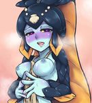  &lt;3 &lt;3_eyes apron blush breasts breath clothing drooling female fish humanoid marine minette nipples open_mouth pink_background purple_eyes saliva simple_background skullgirls sweat wozmee-belmont yellow_sclera 