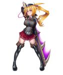  00s 1girl asahi blonde_hair breasts donna_barows female full_body gloves hat large_breasts lilith-soft long_hair looking_at_viewer ponytail purple_eyes serious shiny shiny_skin skirt solo sword taimanin_(series) taimanin_asagi taimanin_rpgx weapon 