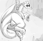  2017 caldera_(queencold) claws convenient_censorship dotkwa dragon duo female feral friendship_is_magic frill garble_(mlp) greyscale holding_character lying male membranous_wings monochrome my_little_pony nude on_side semi-anthro sharp_teeth size_difference smile spade_tail tail_censorship teeth wings 
