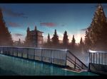  anonamos blue_sky building cloud cloudy_sky commentary house kimi_no_na_wa no_humans outdoors railing scenery sky stairs sunrise tree 