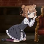  beatrice_(princess_principal) black_footwear brown_eyes brown_hair chair double_bun indoors kneehighs kneeling loafers looking_at_viewer princess_principal purple_legwear school_uniform shoes smile socks solo trg-_(sain) 