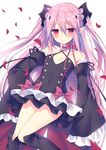  bare_shoulders black_legwear boots commentary_request detached_sleeves dress fang krul_tepes long_hair looking_at_viewer owari_no_seraph pink_hair pointy_ears red_eyes smile solo sorai_shin'ya thighhighs vampire 