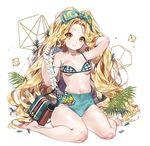  arm_up bag banana bare_legs barefoot big_hair bikini blonde_hair bow breasts checkered checkered_bikini checkered_bow cherrypin closed_mouth collarbone commentary_request covered_navel eyebrows_visible_through_hair food fruit full_body hair_bow hand_in_hair highres holding long_hair looking_at_viewer orange_eyes original plant simple_background sitting small_breasts smile soles solo strap_slip swimsuit very_long_hair wariza wavy_hair white_background 