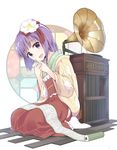  :d bad_id bad_twitter_id bangs banned_artist blunt_bangs clover flower four-leaf_clover frilled_kimono frills hair_flower hair_ornament hieda_no_akyuu japanese_clothes kimono looking_at_viewer open_mouth phonograph purple_eyes purple_hair record scroll short_hair smile solo stained_glass touhou wooden_floor yopan_danshaku 