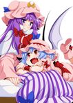  bat_wings blue_bow blue_hair blue_ribbon blush bow commentary_request eichi_yuu fang hair_bow hat hat_ribbon highres long_hair long_sleeves looking_at_another lying mob_cap multiple_girls on_lap on_stomach open_mouth patchouli_knowledge pink_footwear pink_hat pointy_ears purple_eyes purple_hair red_bow red_eyes red_ribbon remilia_scarlet ribbon shoes short_hair short_sleeves sitting smile striped touhou wings wrist_cuffs 
