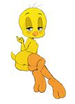  anthro avian beckoning bedroom_eyes bird blush butt eyelashes girly hair half-closed_eyes looking_at_viewer looney_tunes lying male open_mouth presenting seductive simple_background solo sssonic2 thick_thighs tweety_bird warner_brothers 