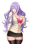  alternate_costume black_legwear black_skirt blush bow bow_bra bra breasts camilla_(fire_emblem_if) cardigan cleavage closed_mouth commentary cowboy_shot curvy fire_emblem fire_emblem_if hair_over_one_eye large_breasts lips long_hair long_sleeves looking_at_viewer metalbolic miniskirt naughty_face open_cardigan open_clothes pink_bra purple_eyes purple_hair shiny shiny_clothes shiny_skin skirt smile solo thighhighs thighs underwear unzipped wavy_hair zettai_ryouiki 