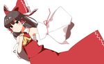  :/ armpits bare_shoulders blouse blush bow brown_eyes brown_hair closed_mouth commentary_request detached_sleeves dutch_angle expressionless hair_bow hair_tubes hakurei_reimu large_bow long_hair long_skirt sarashi skirt skirt_set solo touhou wide_sleeves yellow_neckwear yururi_nano 