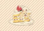  black_eyes cake dog food fruit in_food layer_cake looking_at_viewer mojacookie no_humans open_mouth original oversized_food pastry slice_of_cake smile strawberry strawberry_shortcake striped striped_background twitter_username whipped_cream 
