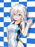  1girl blue_eyes blush breasts checkered_wall collarbone competition_swimsuit covered_navel goggles hair_between_eyes hair_ornament hair_over_one_eye hairclip hamakaze_(kantai_collection) hand_on_hip harukawa_(hal501) heart highres impossible_clothes kantai_collection large_breasts looking_at_viewer messy_hair one-piece_swimsuit open_mouth shadow shiny shiny_hair short_hair silver_hair solo swimsuit tongue upper_body v wall 