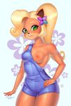  2017 animal_humanoid anthro areola bandicoot blonde_hair breasts clothed clothing coco_bandicoot crash_bandicoot_(series) digital_media_(artwork) erect_nipples exposed_breasts eyelashes female flashing flower flower_in_hair green_eyes hair humanoid long_hair looking_at_viewer mammal marsupial nipples open_mouth plant simple_background smile solo tawni_tailwind video_games 