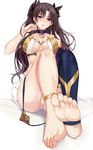  anklet bangs bare_arms bare_shoulders barefoot bikini_top black_bow blue_legwear blush bow breasts brown_hair collar collarbone dorsiflexion earrings eyebrows_visible_through_hair fate_(series) feet foreshortening full_body hair_bow hand_up highres hoop_earrings ishtar_(fate/grand_order) jewelry knees_up large_breasts legs long_hair long_legs looking_at_viewer misako12003 nose_blush open_mouth parted_bangs plantar_flexion pov_feet red_eyes simple_background single_thighhigh soles solo strapless thighhighs toenails toes tsurime two_side_up underboob white_background 