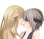  ange_(princess_principal) blindfold blonde_hair closed_eyes french_kiss grey_hair hand_on_another's_cheek hand_on_another's_face highres kiss long_hair multiple_girls princess_(princess_principal) princess_principal saliva saliva_trail short_hair tongue yuri yurichtofen 