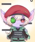  1girl blue_skin fang gloves hat league_of_legends looking_at_viewer mechanical_eye pointy_ears red_eyes scar soldier trench_coat tristana uniform white_hair yordle 