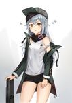  aliceblue assault_rifle bad_id bad_pixiv_id bandana bangs black_shorts blush brown_eyes commentary_request cowboy_shot flat_cap g11 g11_(girls_frontline) girls_frontline grey_hair gun hair_between_eyes hat highres jacket long_hair looking_at_viewer open_clothes open_jacket parted_lips rifle short_shorts shorts silver_hair solo thighs tsurime weapon 