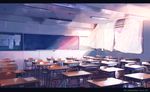  ceiling_light chair chalkboard classroom commentary_request curtains dated desk highres neon_lights no_humans open_window original paper school school_desk signature window xi_chen_chen 
