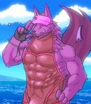  bathym beach bulge canine clothing demon hat horn johnathan_oceans male mammal muscular muscular_male one_eye_closed pose seaside tight_clothing tokyo_afterschool_summoners wetsuit wink wolf 