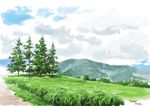  artist_name bush cloud cloudy_sky commentary day grass highres hirota_(masasiv3) horizon mountain mountainous_horizon no_humans outdoors road scenery signature sky tree 