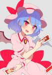  &gt;:) 1girl 60mai :d bat_wings blue_hair blush bow brooch commentary_request cowboy_shot dress fang flandre_scarlet flat_color grey_background hakurei_reimu hat hat_bow head_tilt holding_photo jewelry looking_at_viewer mob_cap open_mouth photo_(object) pink_dress pink_hat puffy_short_sleeves puffy_sleeves red_bow red_eyes red_sash remilia_scarlet sash short_hair short_sleeves simple_background smile solo touhou v-shaped_eyebrows wings wrist_cuffs 