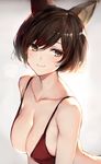  :3 animal_ears backlighting bra breasts bright_pupils brown_eyes brown_hair cleavage closed_mouth collarbone commentary_request grey_background highres large_breasts looking_away original oyu_(sijimisizimi) photo-referenced short_hair simple_background smile solo strap_gap underwear 