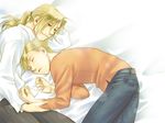  alphonse_elric bed_sheet blonde_hair brothers closed_eyes edward_elric fullmetal_alchemist long_hair long_sleeves looking_at_another male_focus multiple_boys nenone_miya orange_shirt pants ponytail shirt short_hair siblings simple_background sleeping smile white_background white_shirt yellow_eyes 