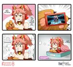  4koma :3 animal_ears bell bell_collar blue_legwear breasts cellphone character_name cleavage collar comic detached_sleeves dreaming english fate/extra fate/extra_ccc fate/grand_order fate_(series) fox_ears fox_tail hair_ribbon highres japanese_clothes keita_naruzawa large_breasts left-to-right_manga long_hair meta multiple_girls o3o open_mouth paws phone pink_hair playing_games ribbon smartphone speech_bubble tail tamamo_(fate)_(all) tamamo_cat_(fate) tamamo_no_mae_(fate) truth video_game yellow_eyes 