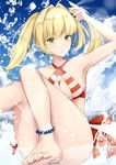  ass barefoot bikini blonde_hair breasts cleavage fate/grand_order fate_(series) feet green_eyes highres hoshimiya_mashiro large_breasts long_hair nero_claudius_(fate) nero_claudius_(fate)_(all) nero_claudius_(swimsuit_caster)_(fate) ocean solo striped striped_bikini striped_swimsuit swimsuit tied_hair toes twintails 