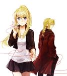  1girl blonde_hair blue_eyes braid coat edward_elric eyebrows_visible_through_hair flamel_symbol fullmetal_alchemist hand_in_pocket heart heart_of_string jacket long_hair looking_at_another looking_back ponytail red_coat red_string serious shirt simple_background skirt string tsukuda0310 white_background white_shirt winry_rockbell 