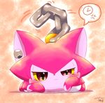 2017 annoyed anthro blush chain cocotama ear_piercing eyelashes featureless_limbs female fur hair half-closed_eyes himitsu_no_cocotama looking_at_viewer lying multicolored_fur on_front orange_background piercing pink_eyes pink_fur pink_hair signature simple_background solo speech_bubble tailwag two_tone_fur yurano_(cocotama) zeru_(ma) 
