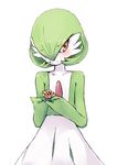  1girl blush collarbone embarrassed eyebrows_visible_through_hair flan_(harry_mackenzie) flower gardevoir green_hair hair_over_one_eye hands_together hands_up looking_away looking_to_the_side no_humans orange_flower pokemon pokemon_(creature) pokemon_rse red_eyes ring short_hair simple_background solo standing white_background 