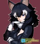  animal_ears black_hair black_jacket black_neckwear blue_eyes character_name chin_rest closed_mouth eyebrows_visible_through_hair fur_collar gloves grey_wolf_(kemono_friends) heterochromia jacket japari_symbol kemono_friends light_smile long_hair long_sleeves looking_at_viewer mityubi multicolored_hair necktie purple_background simple_background solo translated two-tone_hair upper_body white_gloves wolf_ears yellow_eyes 