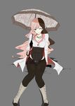  ask_(askzy) boots breasts brown_eyes brown_hair cleavage heels heterochromia jacket jewelry leotard long_hair multicolored_hair necklace neo_(rwby) parasol pink_eyes pink_hair umbrella 