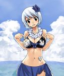  :d bangs bikini bikini_top blue_flower blue_rose blue_sky breasts brown_eyes cloud day eyebrows_visible_through_hair fairy_tail flower hair_flower hair_ornament hips large_breasts looking_at_viewer mashima_hiro navel ocean open_mouth rogue_cheney rose sarong short_hair sky smile solo sting_eucliffe stomach_tattoo swept_bangs swimsuit tattoo water white_hair yukino_aguria 