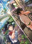  1girl ahoge allenkung1 bag black_eyes black_hair brown_eyes diffraction_spikes dutch_angle kimi_no_na_wa looking_at_viewer miyamizu_mitsuha neck_ribbon parted_lips ribbon school_bag school_uniform shirt short_hair skirt split_image t-shirt tachibana_taki 