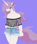  anthro blue_background breasts ear_piercing equine female fishnet green_eyes hair horn isomaru makeup mammal mascara mascara_tears piercing purple_hair simple_background solo unicorn 