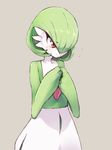  1girl blush eyebrows_visible_through_hair flan_(harry_mackenzie) flying_sweatdrops gardevoir green_hair grey_background hair_over_one_eye hands_together hands_up no_humans pokemon pokemon_(creature) pokemon_rse red_eyes short_hair simple_background solo standing 