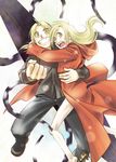  alphonse_elric bare_legs black_pants black_shirt blonde_hair boots borrowed_garments brothers clenched_hand coat edward_elric flamel_symbol fullmetal_alchemist grin long_hair long_sleeves looking_at_viewer male_focus multiple_boys nenone_miya open_mouth pants red_coat shirt siblings simple_background smile the_gate_(fma) white_background yellow_eyes 