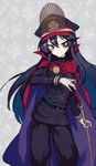  &gt;:) belt black_hair black_hat black_jacket black_pants blue_cape cape closed_mouth cowboy_shot cropped eyebrows_visible_through_hair fate/grand_order fate_(series) gloves grey_background hair_between_eyes hat highres jacket katana koha-ace kotoribako long_hair long_sleeves looking_at_viewer military military_uniform oda_nobunaga_(fate) pants peaked_cap red_cape red_eyes revision smile solo standing sword uniform v-shaped_eyebrows very_long_hair weapon white_gloves 