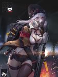  backpack bag black_gloves blue_eyes breasts chen_hg cleavage fingerless_gloves gas_mask gloves gun highres holding holding_gun holding_weapon large_breasts long_hair looking_at_viewer navel original silver_hair solo weapon 